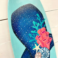 Whale Shark Surfboard with Coral & Seashells Wooden Surfboard - Sunshine & Sweet Pea's Coastal Decor