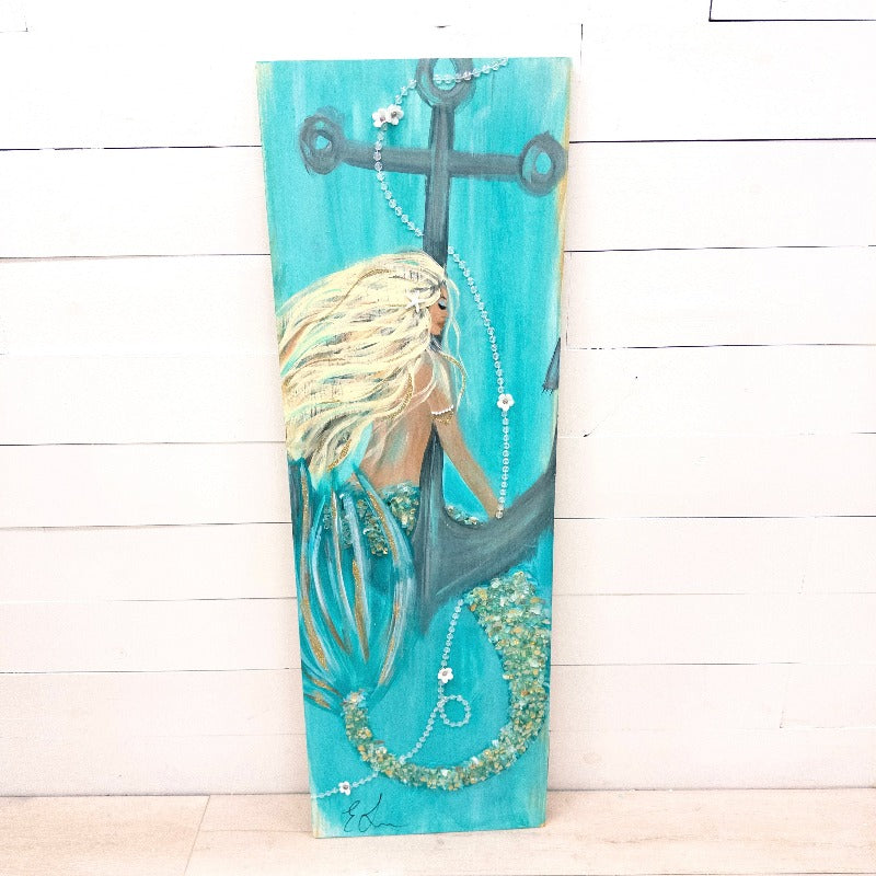 Custom Mermaid on Wood with Matte Finish & Embellishments Commission - Sunshine & Sweet Pea's Coastal Decor