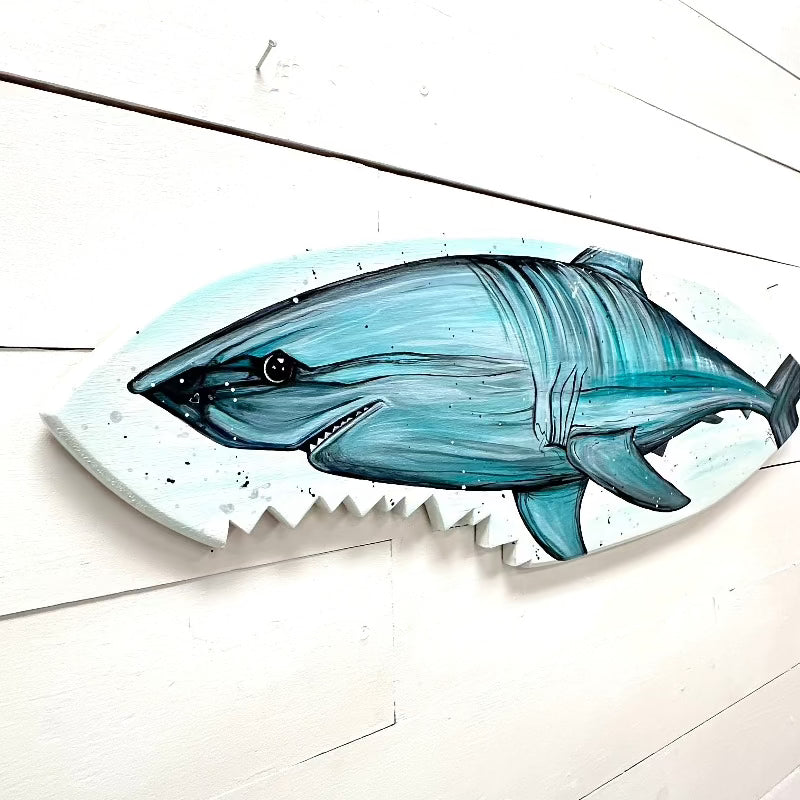Great White Shark with Shark Bite Wooden Surfboard - Sunshine & Sweet Pea's Coastal Decor
