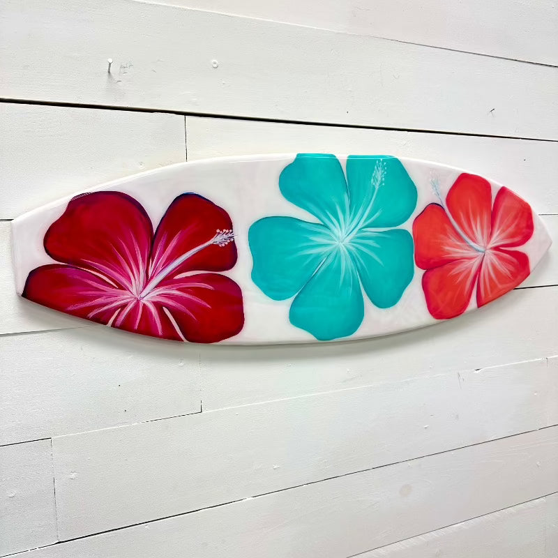 Hibiscus Wooden Surfboard with Resin Overlay - Sunshine & Sweet Pea's Coastal Decor