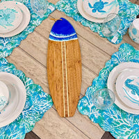 Surfboard Charcuterie Board with Blue Resin - Sunshine & Sweet Pea's Coastal Decor