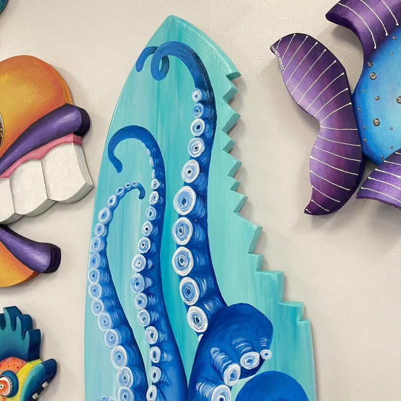 Octopus Tentacles Wooden Surfboard with Shark Bite - Sunshine & Sweet Pea's Coastal Decor