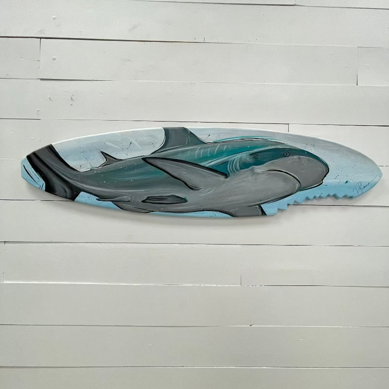Reef Shark Wooden Surfboard with Shark Bite - Sunshine & Sweet Pea's Coastal Decor
