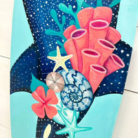 Whale Shark Surfboard with Coral & Seashells Wooden Surfboard - Sunshine & Sweet Pea's Coastal Decor
