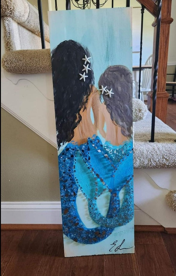 Custom Mermaid on Wood with Matte Finish & Embellishments Commission - Sunshine & Sweet Pea's Coastal Decor