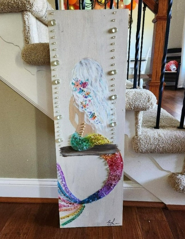 Custom Mermaid on Wood with Matte Finish & Embellishments Commission - Sunshine & Sweet Pea's Coastal Decor