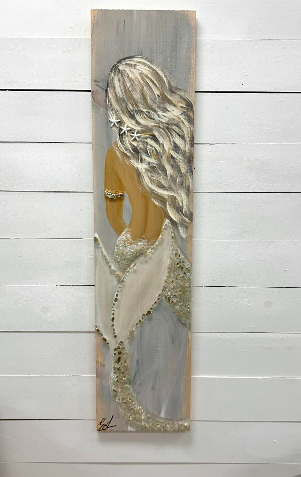Custom Mermaid on Wood with Matte Finish & Embellishments Commission - Sunshine & Sweet Pea's Coastal Decor