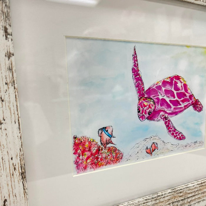 Caroline | Breast Cancer Sea Turtle Framed Print - Sunshine & Sweet Pea's Coastal Decor