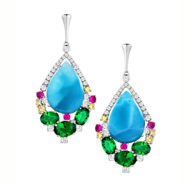 Larimar with Peridot, Garnet, Citrine, & White Topaz Tear Drop Earrings - Sunshine & Sweet Pea's Coastal Decor