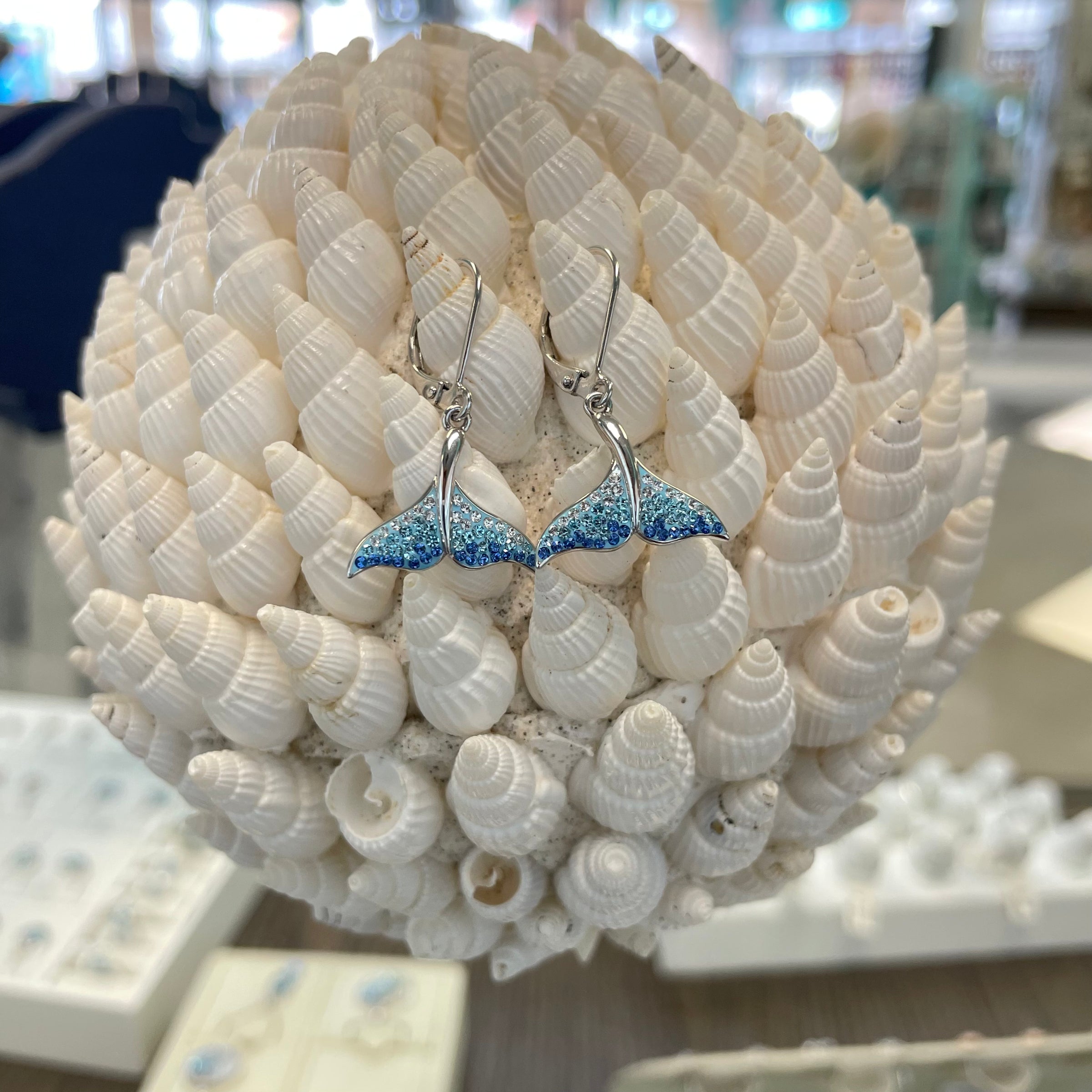 Crystal Blue/White Whale Tail Drop Earrings