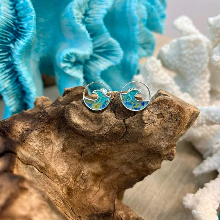 Cresting Wave Turquoise & Mixed Sea Glass Dune Jewelry Stud Earrings - Sunshine & Sweet Pea's Coastal Decor