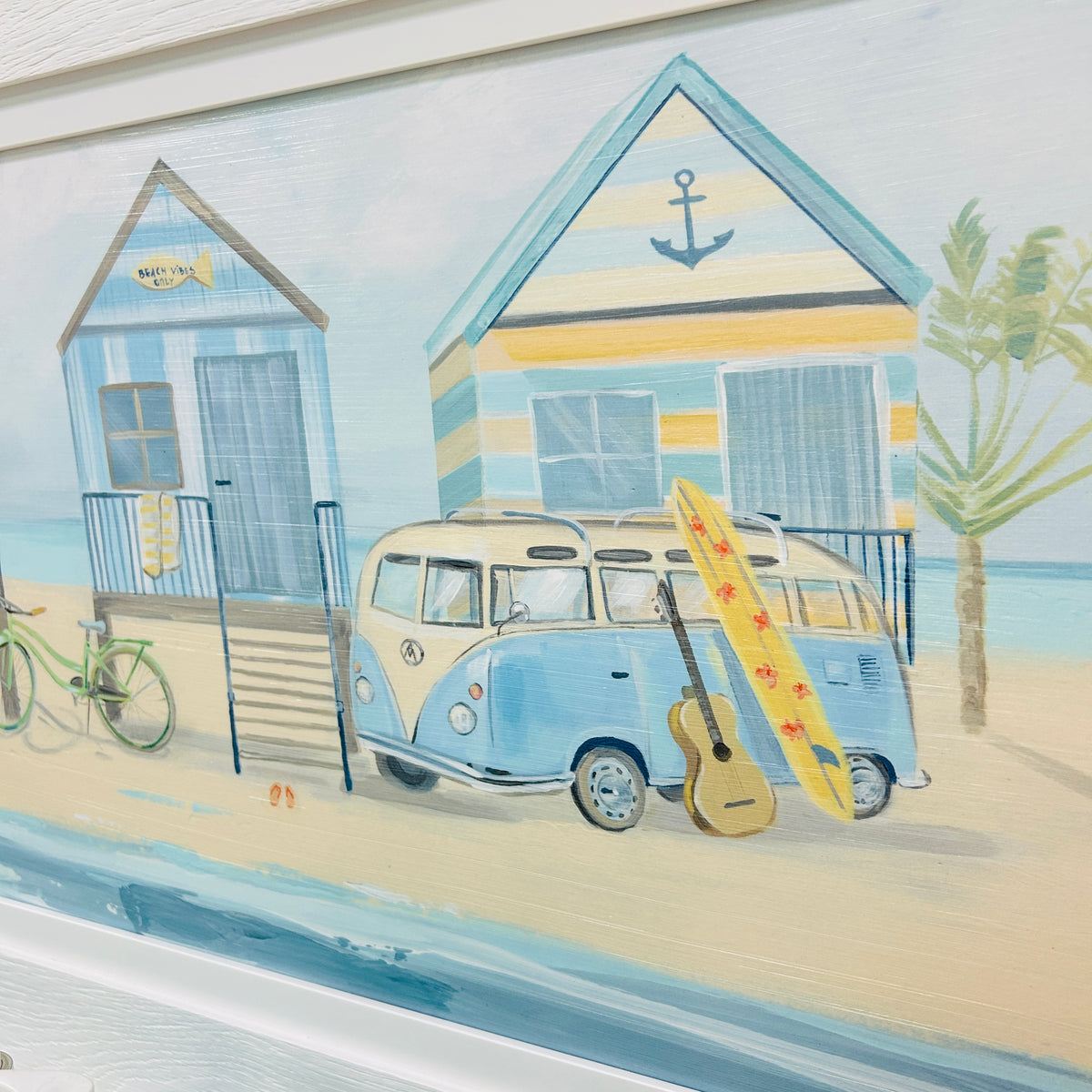 VW Bus w/ Beach Huts & Bicycles Framed Print