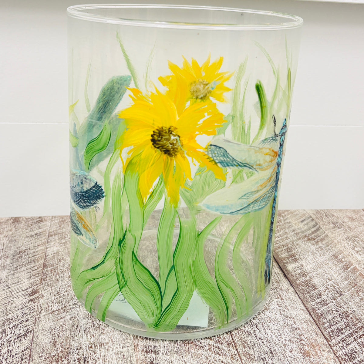 Hand Painted Dragonfly and Sunflower Glass Hurricane/Vase/Utensil Holder