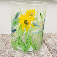 Hand Painted Dragonfly and Sunflower Glass Hurricane/Vase/Utensil Holder