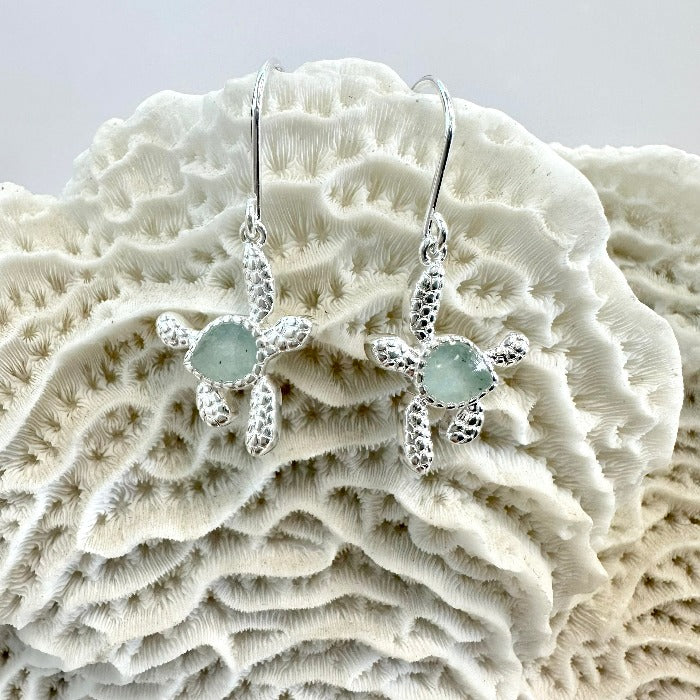Sea Turtle Sterling Silver Earrings w/Aquamarine