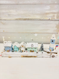 Christmas By The Sea Winter Cottage and Lighthouse Scene on Driftwood w/ String Lights