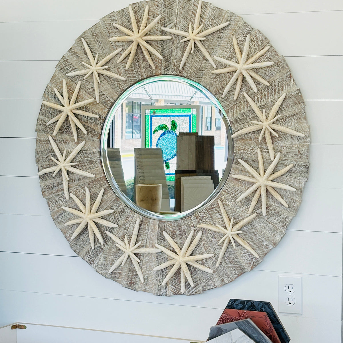 Round Plank Framed Mirror w/ Large Dried Starfish