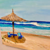 Carribean Beachscape with Boat and Chairs Ashore Painting