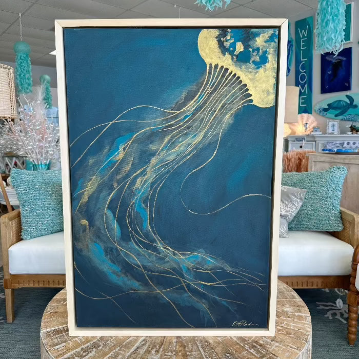 Framed 26"x 38"Blue & Gold Jellyfish Original Paintings Sunshine & Sweet Peas Coastal Decor