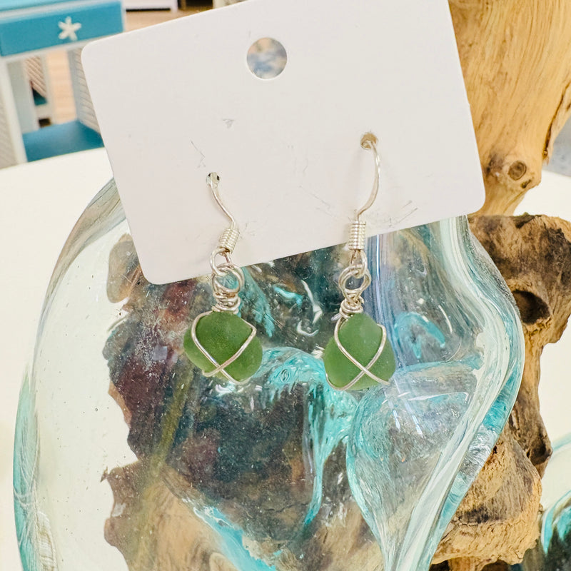 Wire Wrapped Sea Glass Dangle Earrings
