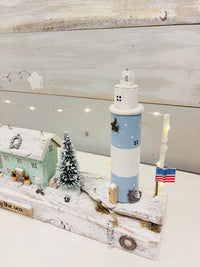 Christmas By The Sea Winter Cottage and Lighthouse Scene on Driftwood w/ String Lights