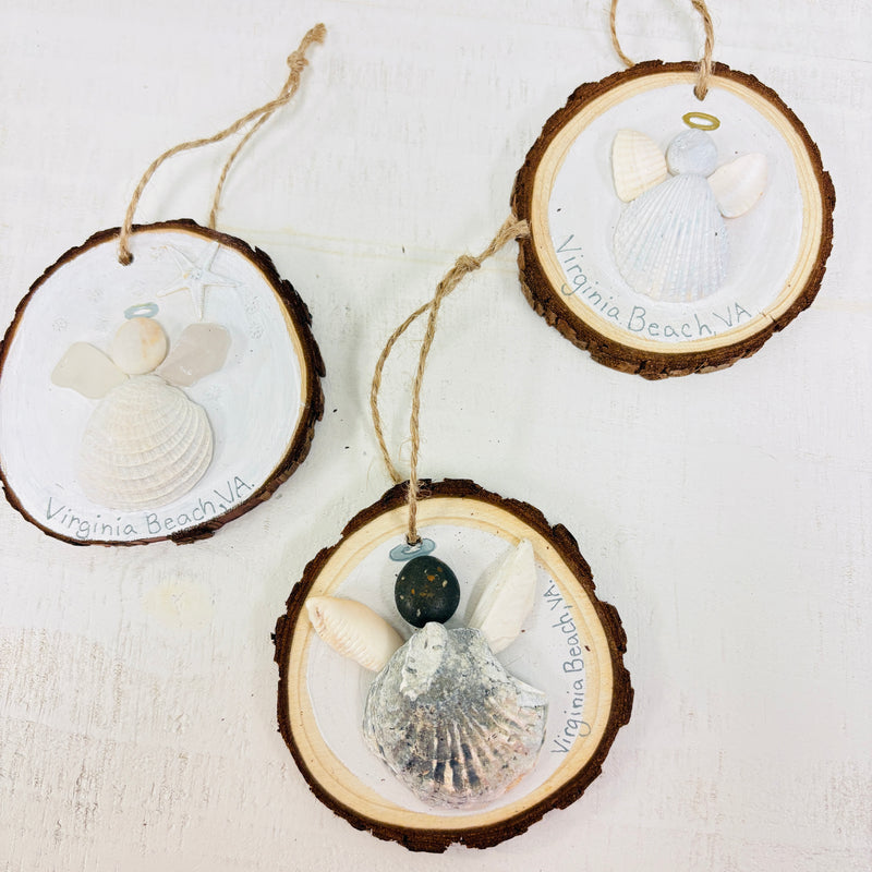 Assorted Shell Angel Wood Slice Ornaments