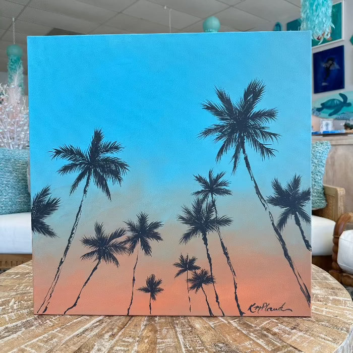 24"x 24" Original  Sunset Palm Trees Painting Sunshine & Sweet Peas Coastal Decor
