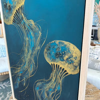 Framed 26"x 38"Blue & Gold Jellyfish Original Paintings Sunshine & Sweet Peas Coastal Decor