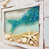 Coastal Glass Art w/ Shells, Glass, Resin, Sand- 8"x10"