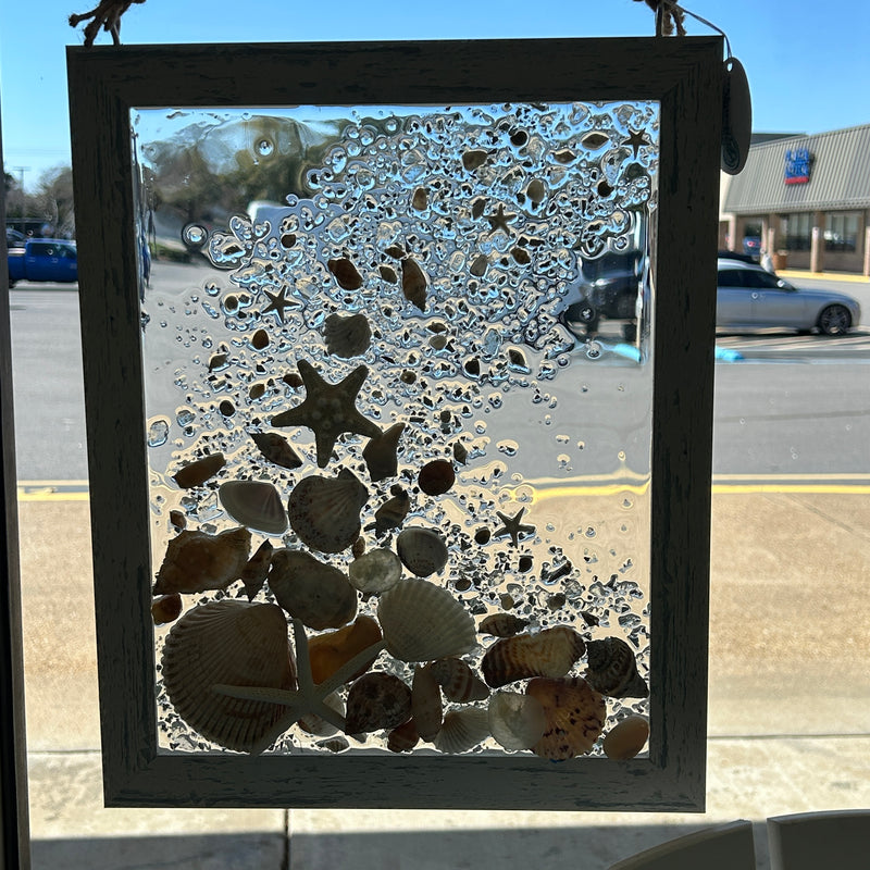 Coastal Glass Art w/ Shells, Glass, Resin, Sand- 11"x 14"