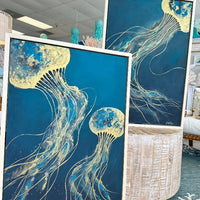 Framed 26"x 38"Blue & Gold Jellyfish Original Paintings Sunshine & Sweet Peas Coastal Decor