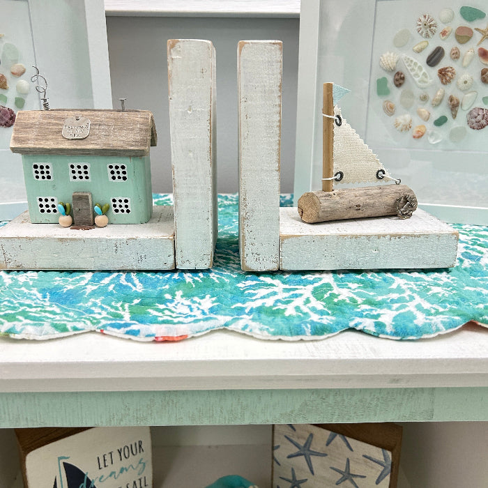 Rustic Bookends w/ Driftwood House and Sailboat Sunshine & Sweet Peas Coastal Decor