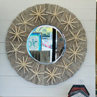 Round Plank Framed Mirror w/ Large Dried Starfish