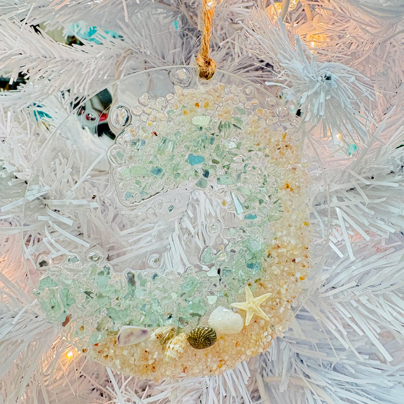 Assorted 4" Acrylic Coastal Wave Christmas Ornaments w/ Glass, Shells, Sand, & Resin