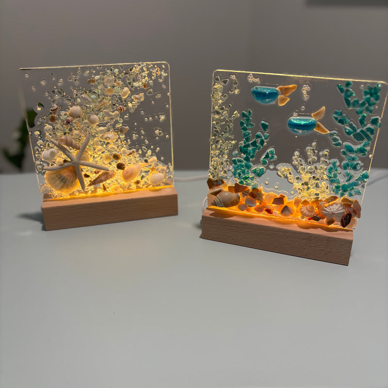 Acrylic LED Lights w/ Coastal Designs in Glass, Sand, Shells Resin