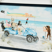 Dogs on the Beach w/ Golf Cart Framed Print