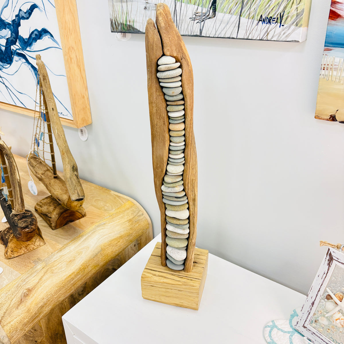 Driftwood and Pebble Sculpture- 25" Tall