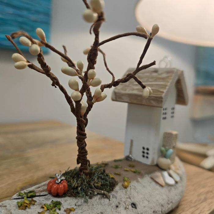 Fall Cottage w/Tree on Driftwood Sunshine & Sweet Peas Coastal Decor