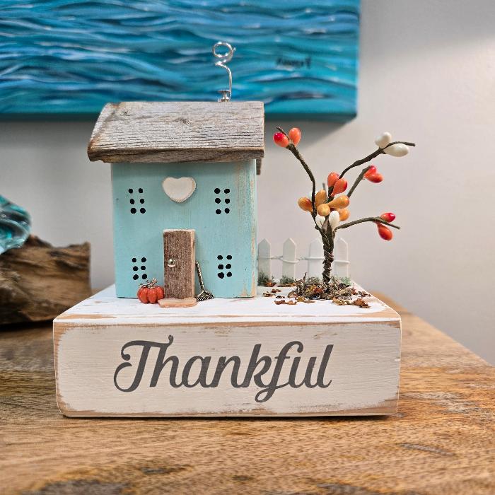 Fall House w/Tree on Wood "Thankful" Sunshine & Sweet Peas Coastal Decor