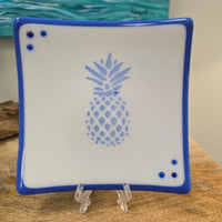 Blue Rimmed White Square Plate w/ Assorted Designs