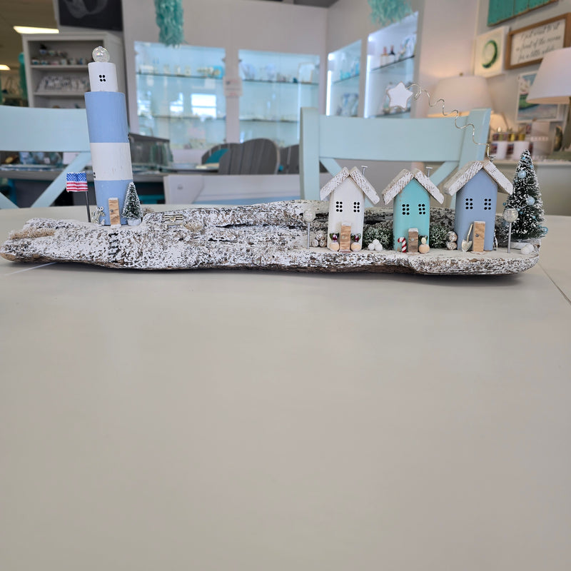 Winter Beach Houses w/ Lighthouse Scene on Driftwood