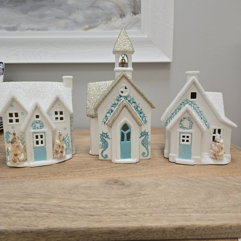 Assorted Ceramic Hand Painted Coastal Light Up Christmas Houses