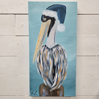 Holiday Pelican w/ Santa Hat Original Painting