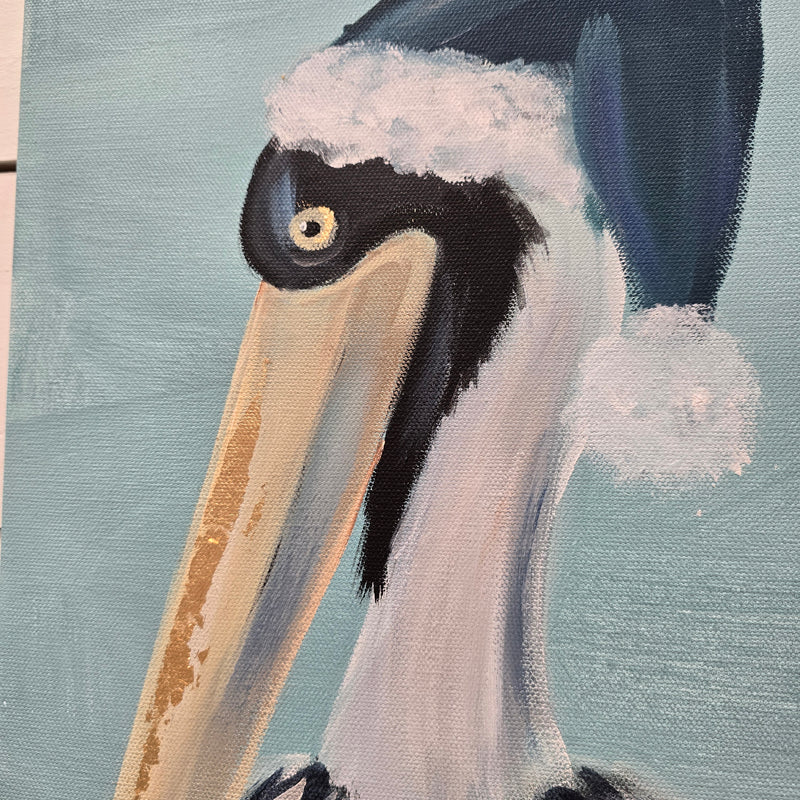 Holiday Pelican w/ Santa Hat Original Painting