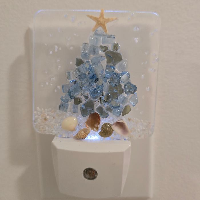 Acrylic Night Lights w/ Coastal Christmas Tree Designs in Glass, Sand, Shells Resin Sunshine & Sweet Peas Coastal Decor