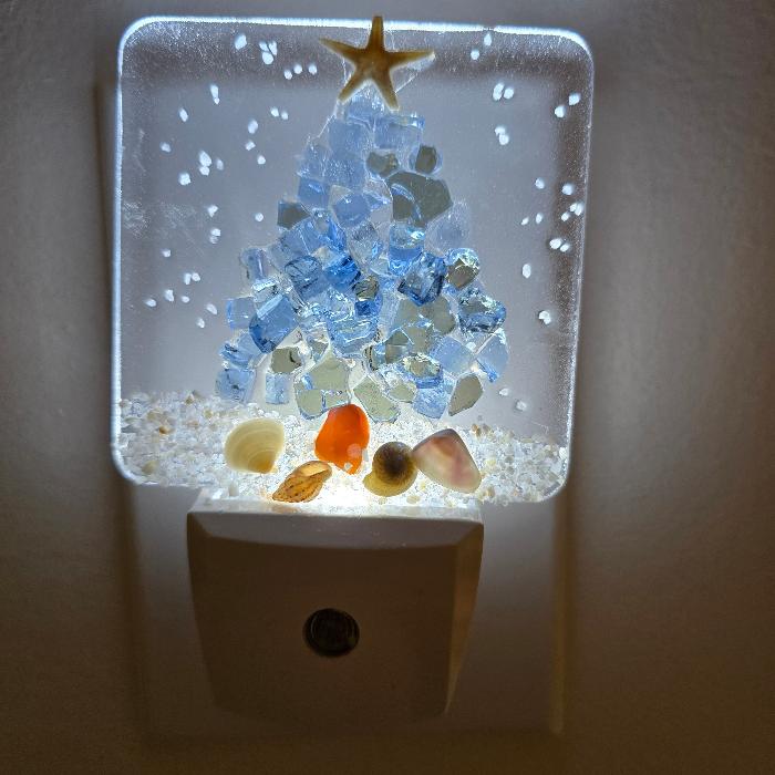 Acrylic Night Lights w/ Coastal Christmas Tree Designs in Glass, Sand, Shells Resin Sunshine & Sweet Peas Coastal Decor