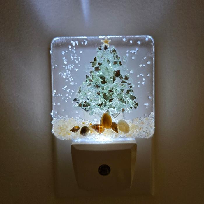 Acrylic Night Lights w/ Coastal Christmas Tree Designs in Glass, Sand, Shells Resin Sunshine & Sweet Peas Coastal Decor