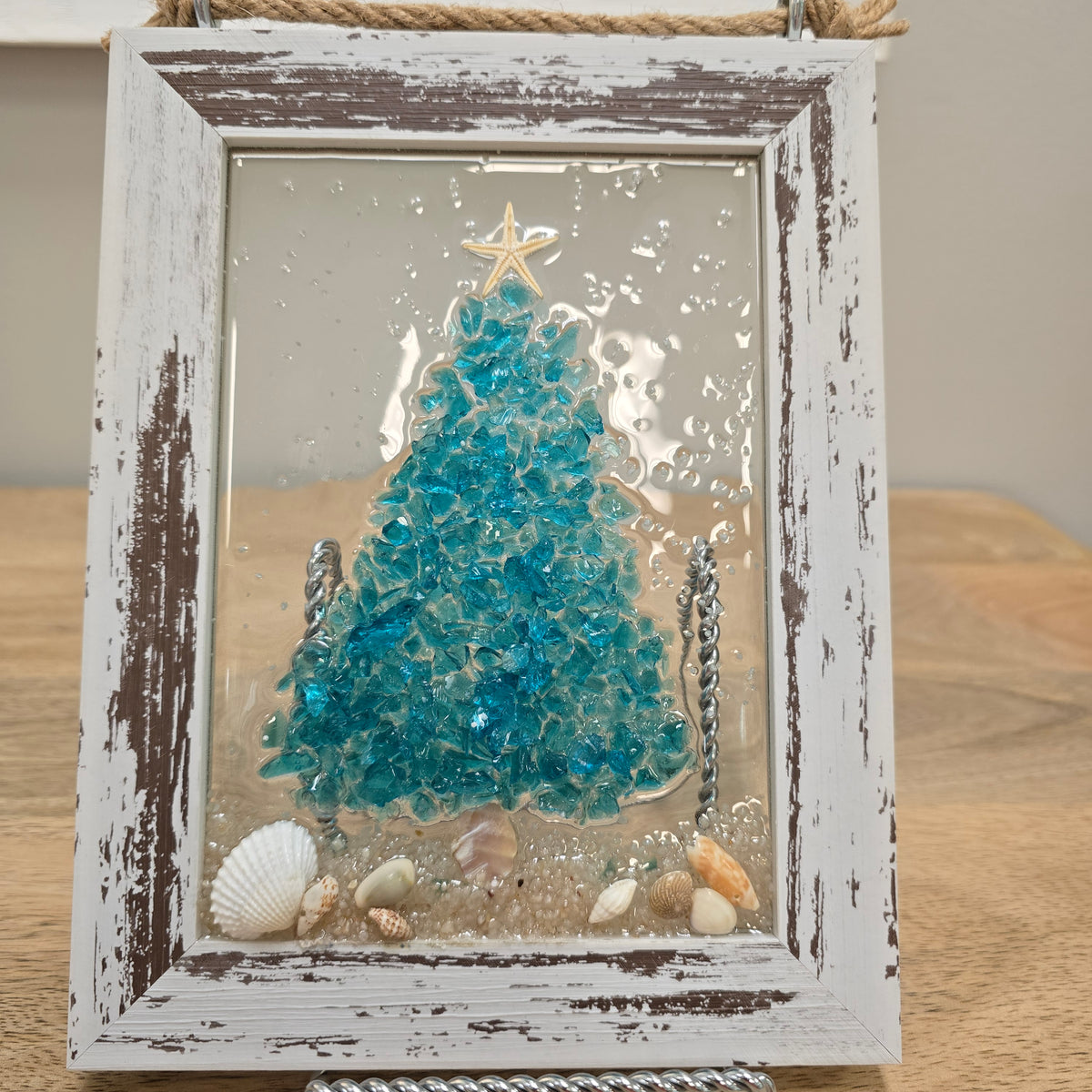 Assorted Holiday Coastal Glass Art w/ Shells, Glass, Resin, Sand- 5"x 7"