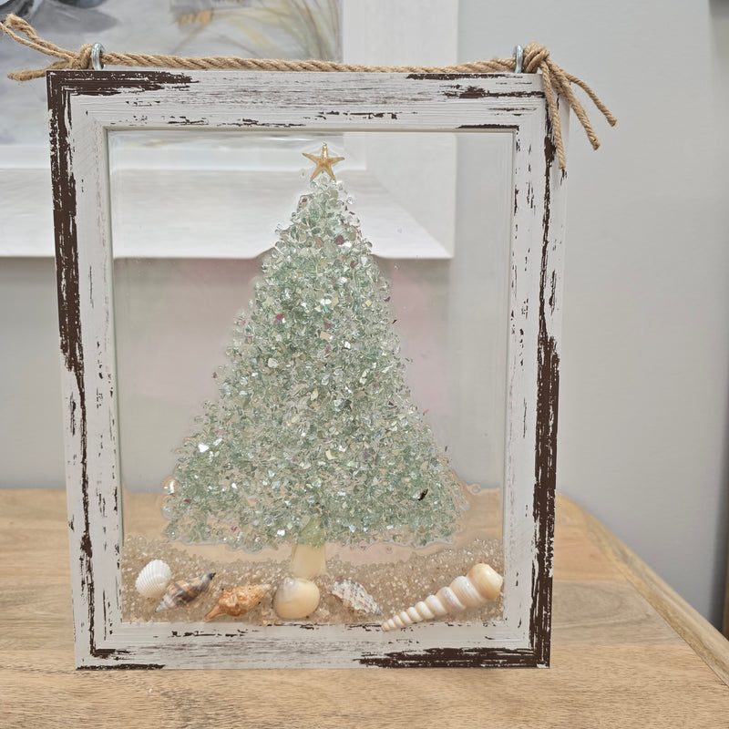 Assorted Holiday Coastal Glass Art w/ Shells, Glass, Resin, Sand- 8"x10"