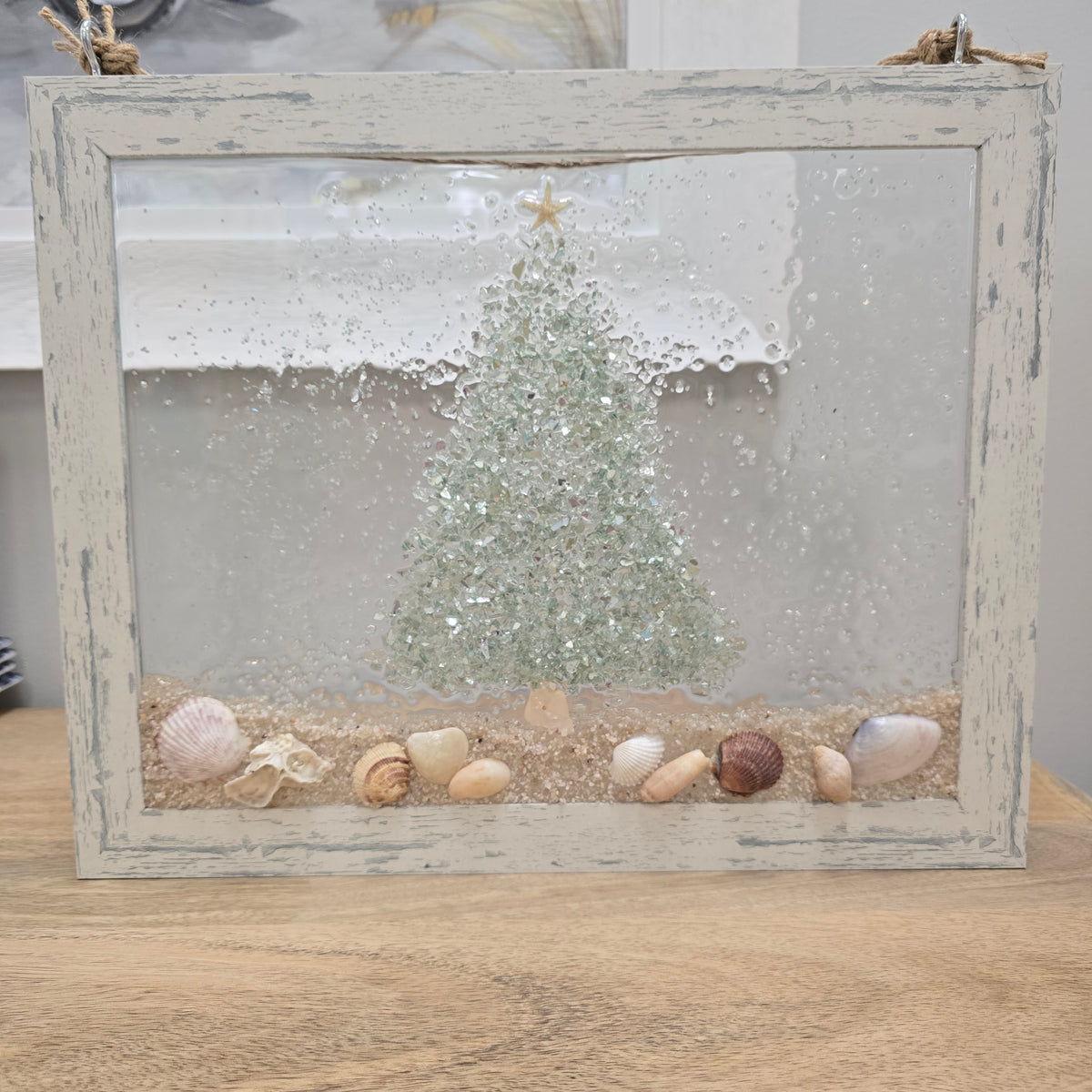 Assorted Holiday Coastal Glass Art w/ Shells, Glass, Resin, Sand- 11"x 14"